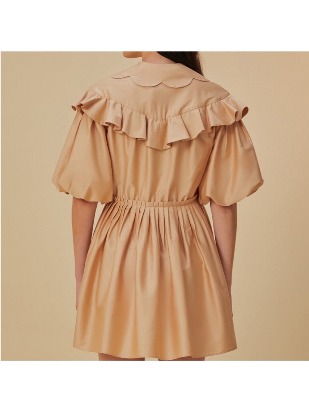 FARM Rio Beige Ruffle-Collar Puff-Sleeve Midi Dress - Picture 2 of 3